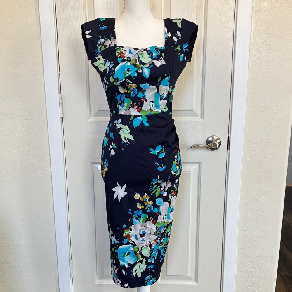 The Pretty Dress Company Vintage Style Navy & Light Blue Floral Pencil Dress